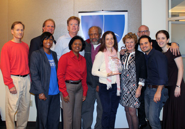 THE TRIP TO BOUNTIFUL. Left to Right: Devon Abner (cast), Peter Bogyo (General Manager), Toni Israel (Marketing), Cherine Anderson (Marketing), Kenneth Teaton (Producer), Arthur French (cast), Hallie Foote (Producer, with award), Nelle Nugent (Producer), Michael Wilson (Director), Patrick Mediate (Production Coordinator), Meryl Federman (asst. to Peter Bogyo).