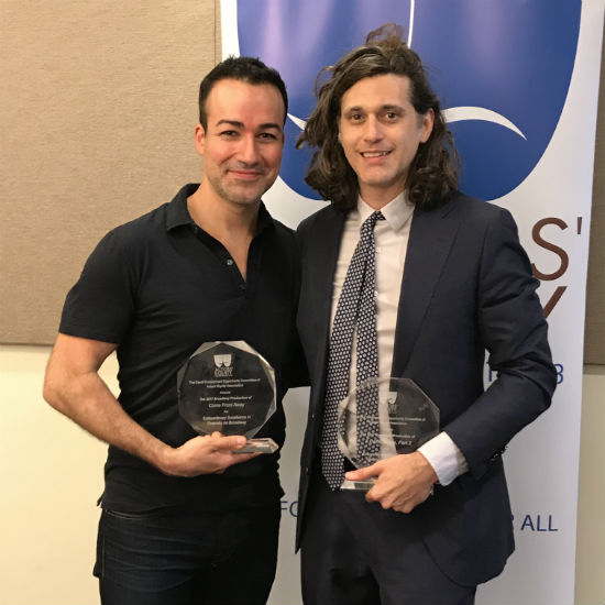Caesar Samayoa of Come From Away and Lucas Hnath, playwright of A Doll's House Part 2, with their Diversity on Broadway Awards