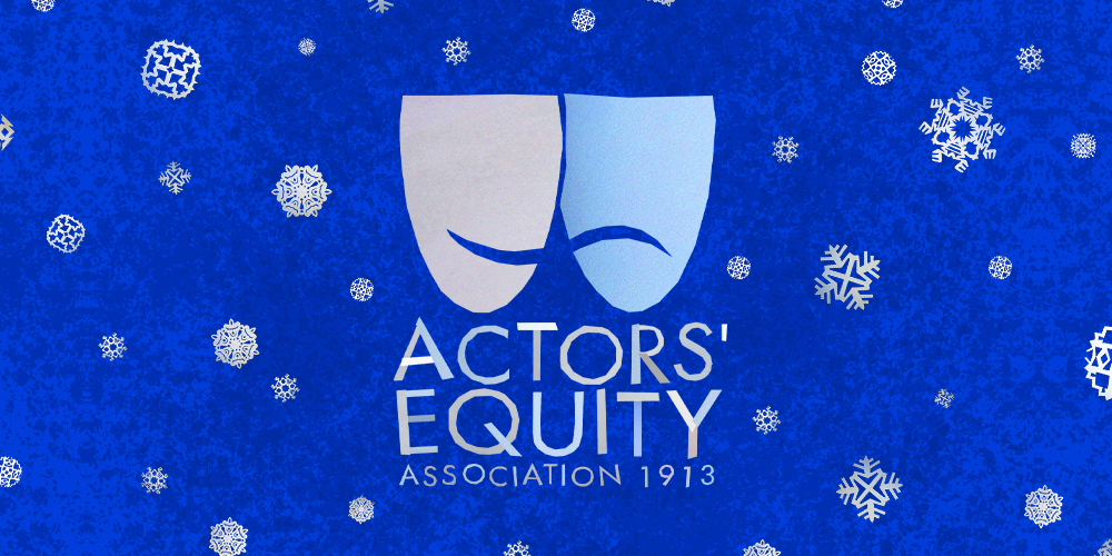 The Actors' Equity logo appears as a papercut in front of a blue field populated with papercut snowflakes