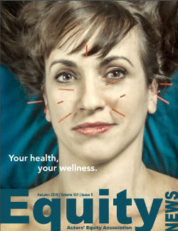 Equity News Cover image of an actress's face in close up with acupunture needles inserted at various points around her face.