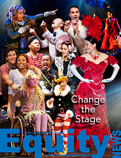 Magazine cover is a collage of images of Equity members of various races, ethnicities, ages, and disability statuses in costumes from various shows.
